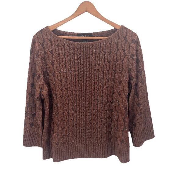 ST. JOHN Brown Bronze Metallic Cable Knit 3/4 Sleeve Womens Sweater Large - Picture 1 of 6